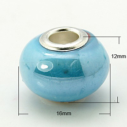 Handmade Porcelain European Beads, Large Hole Beads, with Nickel Color Brass Double Cores, Rondelle, Sky Blue, 16x12mm, Hole: 5mm(X-PORC-H009-8)