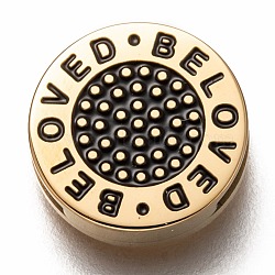 304 Stainless Steel Slide Charms, Enamel Style, Flat Round with Word Beloved, Black, Golden, 12x3.5mm, Hole: 8x1.5mm(STAS-P270-16G)