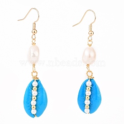 Spray Paint Cowrie Shell Dangle Earrings, with Shell Pearl Beads, Brass Earring Hoops and Brass Beads, Real 18K Gold Plated, Deep Sky Blue, 60~63mm, Pin: 0.6mm(EJEW-JE04369-02)