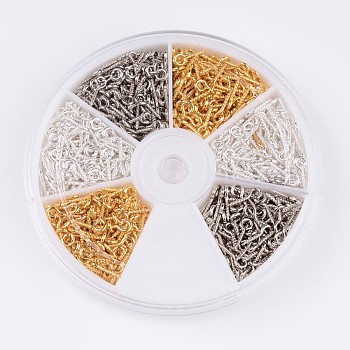 1 Box Three Colors Iron Screw Eye Pin Peg Bails, For Half Drilled Beads, Golden, Silver and Platinum Color, 10x4x1mm, Hole: 2mm, about 100pcs/centainer, about 600pcs/box