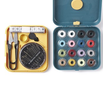 Sewing Tool Sets, Including Polyester Thread, Tape Measure, Scissor, Sewing Needle Devices Threader, Thimbles, Needles, Magnetic Plastic Box, Cadet Blue, 96x105x30mm