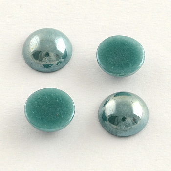 Pearlized Plated Opaque Glass Cabochons, Half Round/Dome, Dark Cyan, 13~14x5~5.5mm