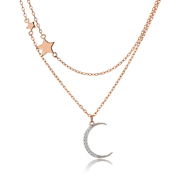 925 Sterling Silver Double Layer Cable Chain Moon Star Pendant Necklaces for Women, Golden & Silver, 16.54 inch(42cm)