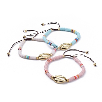 Nylon Thread Braided Beads Bracelets, with Polymer Clay Heishi Beads, Glass Seed Beads and Alloy Pendants, Cowrie Shell, Mixed Color, 2-1/8 inch(5.3cm)