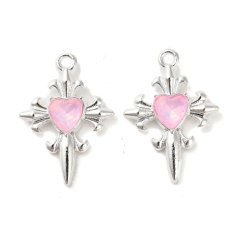 Rack Plating Alloy Rhinestones Pendants, Lead Free & Cadmium Free, Cross, Silver, Pink, 25.5x18x4mm, Hole: 1.8mm