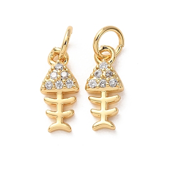 Brass Micro Pave Clear Cubic Zirconia Pendants, Fishbone Charms, Long-Lasting Plated, Rack Plating, Lead Free & Cadmium Free, Real 18K Gold Plated, 13x5.5x2mm, Hole: 3.5mm
