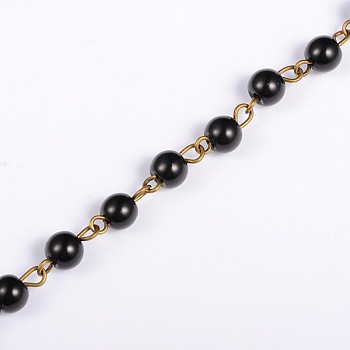 Handmade Round Glass Pearl Beads Chains for Necklaces Bracelets Making, with Antique Bronze Iron Eye Pin, Unwelded, Black, 39.3 inch, Bead: 6mm