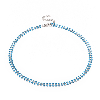 Enamel Wheat Link Chain Necklace, 304 Stainless Steel Jewelry for Women, Stainless Steel Color, Deep Sky Blue, 16.5 inch(41.8cm)