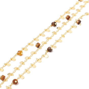 Natural Tiger Eye Column Beaded Chains, with Brass Paperclip Chains and Flat Round Charm, Soldered, with Spool, Lead Free & Cadmium Free, Golden, 2x1x0.5mm, 5.5x3x1mm