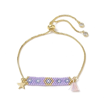 Handmade Japanese Seed Rectangle & Star & Tassel Charms Slider Bracelet, Golden 304 Stainless Steel Jewelry for Women, Lilac, 10-5/8 inch(27cm)