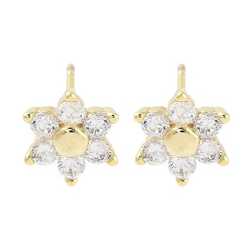 Brass Micro Pave Clear Cubic Zirconia Stud Earrings for Women, Flower, Real 18K Gold Plated, 9x8mm