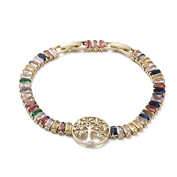 Tree of Life Brass Link Bracelet with Colorful Cubic Zirconia Tennis Chains, Long-Lasting Plated, Golden, 6-7/8 inch(17.5cm)