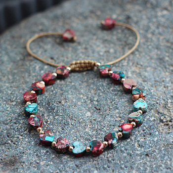 Bohemian Dyed Natural Imperial Jasper Heart Bead Braided Bead Bracelets for Women, with Brass Beads and Wax Cord, FireBrick, 5.91~9.84 inch(15~25cm)