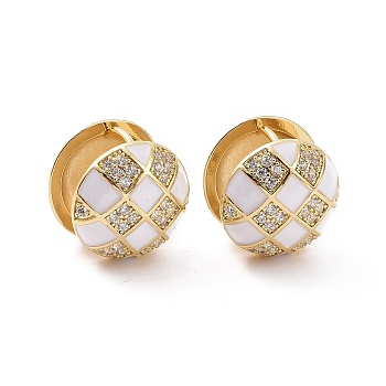 Clear Cubic Zirconia Tartan Pattern Ball Huggie Hoop Earrings with Enamel, Golden Brass Jewelry for Women, White, 17x17mm, Pin: 1mm