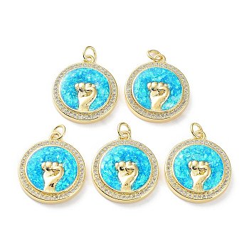 Rack Plating Brass Micro Pave Cubic Zirconia Hand Pendants, Synthetic Opal Flat Round Charms with Jump Ring, Cadmium Free & Lead Free, Long-Lasting Plated, Real 18K Gold Plated, Cyan, 21.5x19x4mm, Hole: 3.4mm