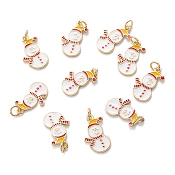 Real 18K Gold Plated Brass Enamel Pendants, with Jump Ring, for Christmas, Snowmen, White, 18x11x1.5mm, Hole: 3.4mm