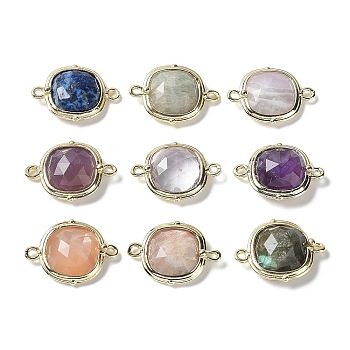 Natural Mixed Gemstone Connector Charms, Faceted Square Links with Rack Plating Golden Plated Brass Edge Loops, 14x19x5mm, Hole: 1.4mm and 1.8mm