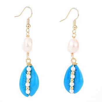 Spray Paint Cowrie Shell Dangle Earrings, with Shell Pearl Beads, Brass Earring Hoops and Brass Beads, Real 18K Gold Plated, Deep Sky Blue, 60~63mm, Pin: 0.6mm