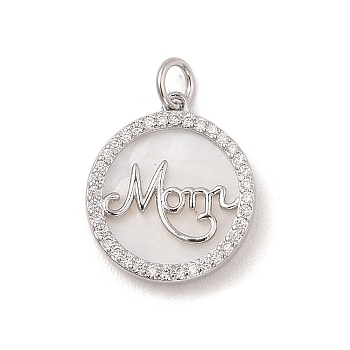 Brass Micro Pave Cubic Zirconia Pendants, with Natural White Shell and Jump Ring, Flat Round with Word Mom, Platinum, 18x16x3mm, Hole: 3.2mm