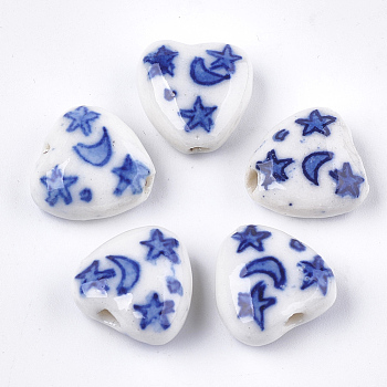 Handmade Porcelain Beads, Blue and White Porcelain, Heart with Moon and Star, Blue, 15x15x8mm, Hole: 1.6mm