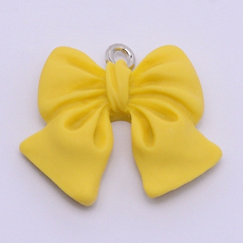 Resin Pendants, with Platinum Plated Iron Screw Eye Pin Peg Bails, Bowknot, Yellow, 19x22x5mm, Hole: 1.8mm