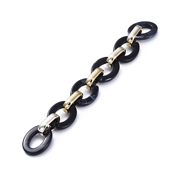 Handmade CCB Plastic Cable Chains, with Acrylic Linking Rings, Golden, Black, Links: 24.2x18.2x4mm and 19x12x4.7mm, 39.37 inch(1m)/strand