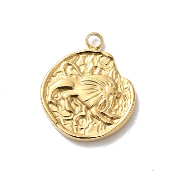 304 Stainless Steel Pendants, Textured Flat Round with Constellations Charm, Real 14K Gold Plated, Leo, 18x15x2mm, Hole: 1.8mm