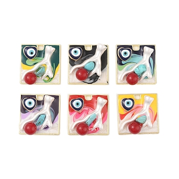 Rack Plating Alloy Enamel Pendants, with Resin & ABS Imitation Pearl Beads & Synthetic Turquoise, Cadmium Free & Nickel Free & Lead Free, Golden, Square with Heart & Evil Eye, Mixed Color, 25x25x9mm, Hole: 3x2mm