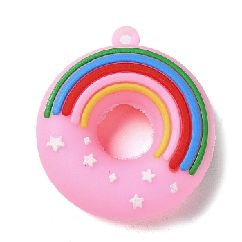PVC Plastic Pendants, Donut with Rainbow Charm, Pearl Pink, 48x43.5x14mm, Hole: 2.5mm