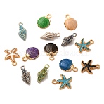 60Pcs 15 Style Alloy Enamel Pendants, Starfish & Shell & Spiral Shell Shape, Light Gold, Mixed Color, 18~19.5x7.5~15x3~6.5mm, Hole: 1.4~2.5mm, 4pcs/style(ENAM-PH0002-28)