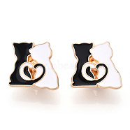 Alloy Brooches, Enamel Pin, with Brass Butterfly Clutches, Cat Shape, Light Gold, Black, 18x19x2mm, Pin: 1mm(JEWB-S011-044)