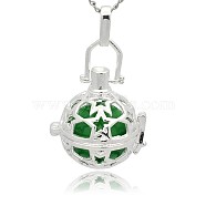 Silver Color Plated Brass Hollow Round Cage Pendants, with No Hole Spray Painted Brass Round Ball Beads, Green, 36x25x21mm, Hole: 3x8mm(KK-J226-10S)