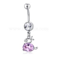 Brass Cubic Zirconia Bunny Navel Ring, Belly Rings, with 304 Stainless Steel Bar, Cadmium Free & Lead Free, Rabbit Charms, Lilac, 37mm, Bar: 15 Gauge(1.5mm), Bar Length: 3/8"(10mm)(AJEW-EE0004-38A)