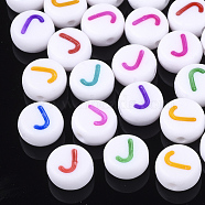 Initial Acrylic Beads, Horizontal Hole, Flat Round, Mixed Color, Letter.J, 7x3.5~4mm, Hole: 1.2mm, about 370pcs/50g(X-OACR-E001-20J)