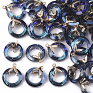 Electroplate Glass Pendants, with Light Gold Plated Brass Ice Pick Pinch Bails, Faceted, Ring with Fishtail, Dark Blue, 17x14x6mm, Hole: 1.2mm(EGLA-N005-001A)