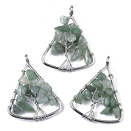 Natural Green Aventurine Big Pendants, Wire Wrapped Pendants, with Brass Wires, Triangle & Tree, Platinum, 40x30.5x5~10mm, Hole: 4.5mm(G-T133-P03F)