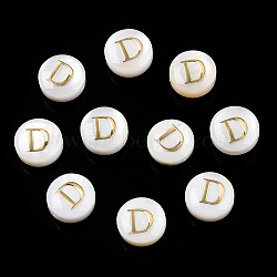 Natural Freshwater Shell Beads, with Golden Plated Brass Etched Metal Embellishments, Flat Round with Letter, Letter D, 7.5~8x4~5mm, Hole: 0.8mm(SHEL-N036-01D)