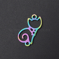 Ion Plating(IP) 201 Stainless Steel Links, Laser Cut, Cat, Rainbow Color, 16.5x8.5x1mm, Hole: 1.4mm(STAS-R111-JA561)