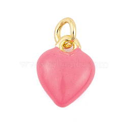 Rack Plating Brass Enamel Pendants, with Jump Ring, Cadmium Free & Lead Free, Long-Lasting Plated, Real 18K Gold Plated, Heart Charm, Hot Pink, 9.5x7.5x3.5mm, Hole: 3mm(KK-P269-10G-02)