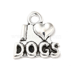 Tibetan Style Alloy Pendants, Word I Love Dog Charms, Pet Theme Charm, Antique Silver, 16x15x2mm, Hole: 2.2mm, about 714pcs/1000g(PALLOY-M198-27AS)