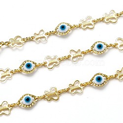 3.28 Feet Handmade Brass Link Chains, with Lampwork, Long-Lasting Plated, Unwelded, Evil Eye & Butterfly, Golden, Links: 7.8x6.3x0.5mm and 8.6x6.1x3.7mm(X-CHC-L039-35G)