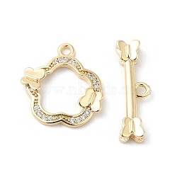 Brass Micro Pave Clear Cubic Zirconia Toggle Clasps, Flower with Butterfly, Real 18K Gold Plated, Flower: 16x15.5x2.5mm, Hole: 1.4mm, Bar: 19x6x3mm, Hole: 1.4mm(KK-P234-64G)
