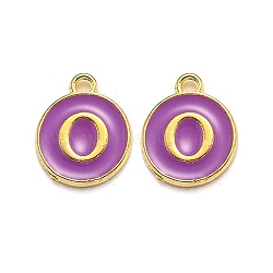 Golden Plated Alloy Enamel Charms, Enamelled Sequins, Flat Round with Alphabet, Letter.O, Purple, 14x12x2mm, Hole: 1.5mm(ENAM-Q437-12O)