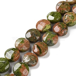 Natural Unakite Beads Strands, Faceted, Flat Round, 10~10.5x4.5~5.5mm, Hole: 1.2mm, about 20pcs/strand, 7.80 inch(19.8cm)(G-K357-B04-01)