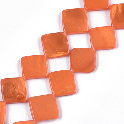 Spray Painted Freshwater Shell Beads, Rhombus, Coral, 18~20x18~20x3~4mm, Hole: 0.5mm, about 21pcs/strand, 15.5 inch(SHEL-T010-05C)