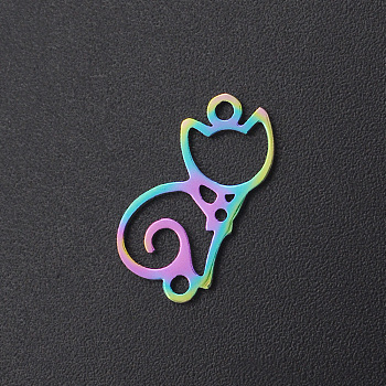 Ion Plating(IP) 201 Stainless Steel Links, Laser Cut, Cat, Rainbow Color, 16.5x8.5x1mm, Hole: 1.4mm