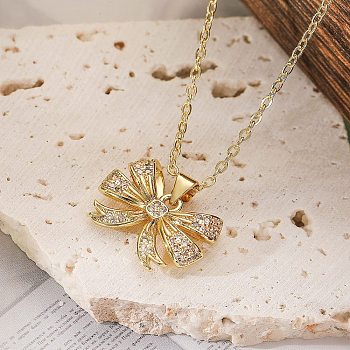 Brass Micro Pave Clear Cubic Zirconia Cable Chain Bowknot Pendant Necklaces for Women, Real 18K Gold Plated, 18.03 inch(458mm)