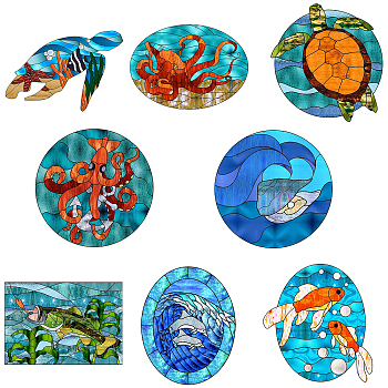 Custom PVC Glass Stickers, Static Cling Window Stickers, Square, Sea Animals, 200x200mm, 8pcs/set