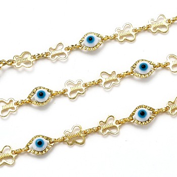 3.28 Feet Handmade Brass Link Chains, with Lampwork, Long-Lasting Plated, Unwelded, Evil Eye & Butterfly, Golden, Links: 7.8x6.3x0.5mm and 8.6x6.1x3.7mm