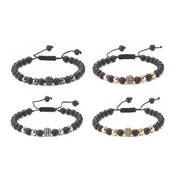 4Pcs 4 Color Natural Obsidian & Synthetic Hematite Braided Bead Bracelet with Cubic Zirconia, Gemstone Jewelry for Women, Mixed Color, Inner Diameter: 2-1/8~3-5/8 inch(5.4~9.2cm), 1Pc/color